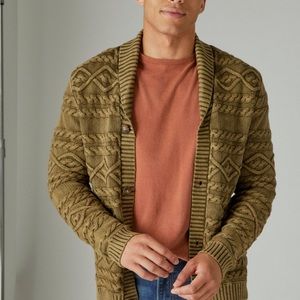 Mens Lucky Brand cardigan cable knit sweater size L . Dark olive acid wash